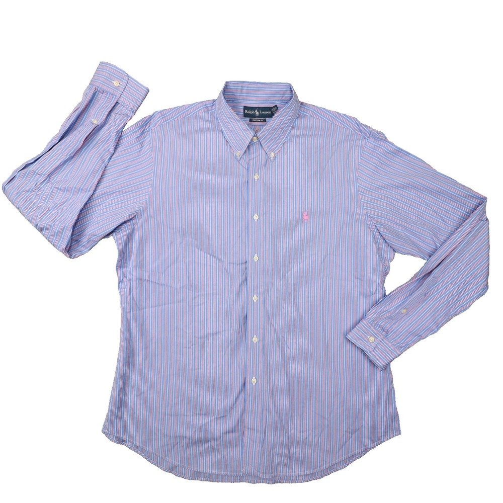 Ralph Lauren Vintage Custom Fit Blue Pink Striped Button‎ Up Shirt Men's size XL